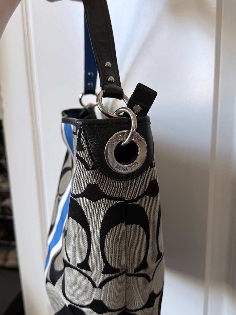 Coach Grey Monogram Shoulder Bag with Blue Stripe and Black Trim - Picture 12 of 12